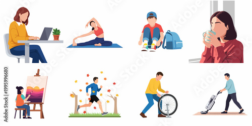 Modern Flat Illustration Set of People Engaged in Daily Activities and Hobbies