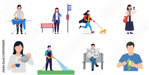 Everyday Life Activities Set Featuring People Performing Daily Tasks and Hobbies