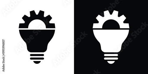 Vector icon combining a light bulb and a gear, symbolizing technical innovation, engineering solutions, development, and smart, mechanical creative thinking. Black and white graphic.