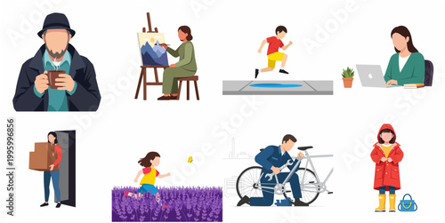 Set of Diverse People Engaged in Various Daily Activities and Hobbies Flat Design Illustration