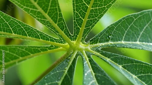 Closeup view of a vibrant green cassava leaf structure.