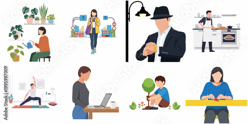 Collection of Diverse People Engaged in Various Everyday Activities and Hobbies, Flat Illustration Style