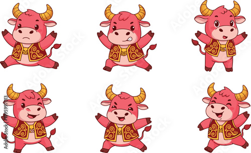 Cute Bull Characters in Traditional Outfits with Various Poses