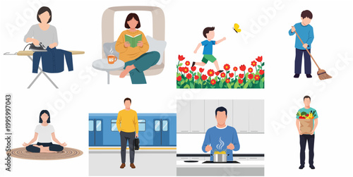 Diverse Daily Life Activities and Leisure Pastimes Represented in Flat Illustration Style