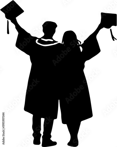 happy graduate students throwing caps silhouette vector isolated 