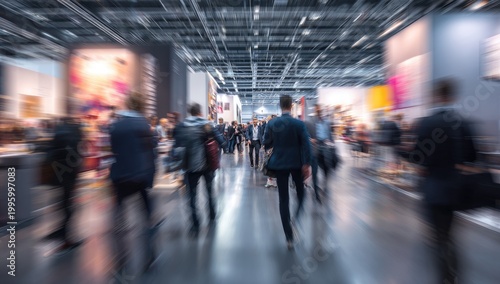 Blurred motion of people walking through a busy exhibition hall.