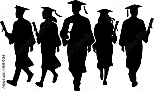 happy graduate students throwing caps silhouette vector isolated 