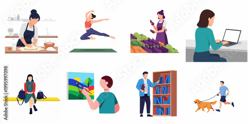 Flat Design Modern Minimalist Lifestyle Activities Collection Illustrative Set