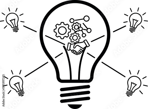 Light bulb with gears, handshake, and connected nodes, radiating smaller light bulbs idea innovation