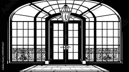 Ornate greenhouse entrance in black and white, with arched glass roof and double doors