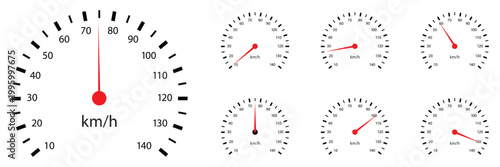 Speedometer and Tachometer Icon Set – Car Dashboard Gauge Collection with km/h Scale for Automotive Apps and UI 
Vector Illustration