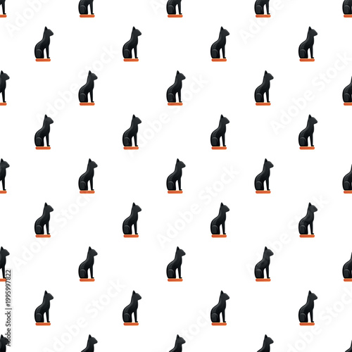 Repeating pattern featuring black ancient egyptian bastet cat statues on a white background
