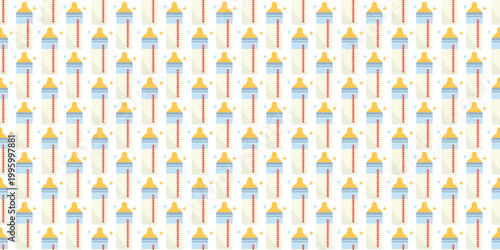 Baby feeding bottle seamless pattern with stars on white background. Toddler pattern