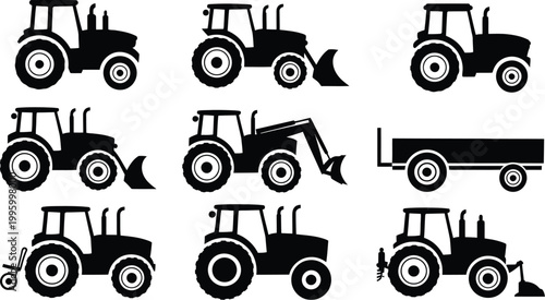 Tractor and farm machinery silhouette set minimalist black vector illustration isolated on white background for agricultural industry and farming icons.