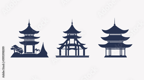 Three minimalist illustrations of pagodas in dark blue against a cream background