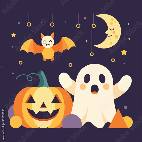 Halloween ghost with pumpkin and bat.