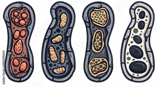 Four stylized illustrations of evolving cells or organisms in a unique, organic, abstract