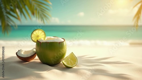Summer tropical background with coconut drink fresh lime and palm shadow on white sand surface
