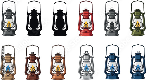 Vintage Oil Lantern Icon Set with Different Colors and Silhouette Styles for Camping, Outdoor Lighting and Retro Equipment Design