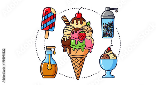 Tableau sur toile Colorful ice cream cone with various toppings and related dessert items