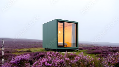 Tiny Minimalistic Portable House Placed In Various Natural Settings, Clean Lines, Warm Interior Glow, Floor-To-Ceiling Glass Windows, Natural Wood Textures And Soft Earthy Tones (AI-Generated)