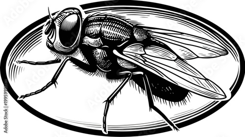 Monochromatic art of a fly in an oval frame with woodcut shading
