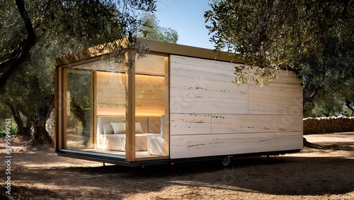 Tiny Minimalistic Portable House Placed In Various Natural Settings, Clean Lines, Warm Interior Glow, Floor-To-Ceiling Glass Windows, Natural Wood Textures And Soft Earthy Tones (AI-Generated)