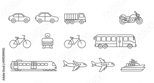 Collection of transportation vehicle icons in line art style.