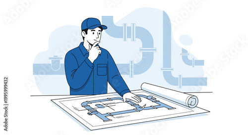 Plumber Inspecting Blueprint Plan for Pipe System Installation and Repair
