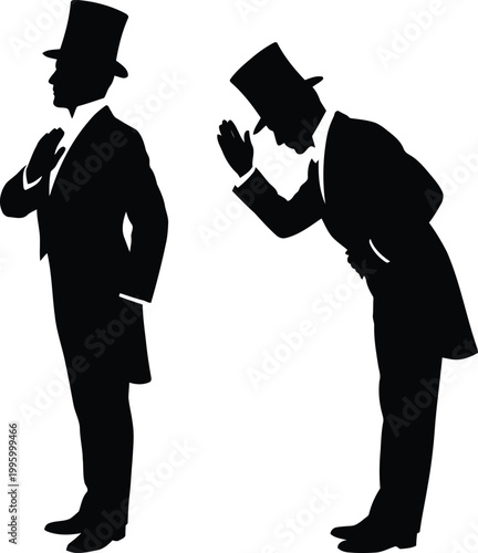 Gentleman in top hat gesturing hello and bowing vector illustration.
