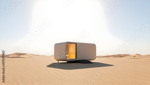 Tiny Minimalistic Portable House Placed In Various Natural Settings, Clean Lines, Warm Interior Glow, Floor-To-Ceiling Glass Windows, Natural Wood Textures And Soft Earthy Tones (AI-Generated)