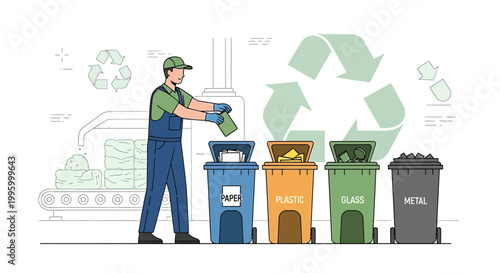 Recycling worker sorts waste into bins: paper, plastic, glass, metal. Eco-friendly concept.
