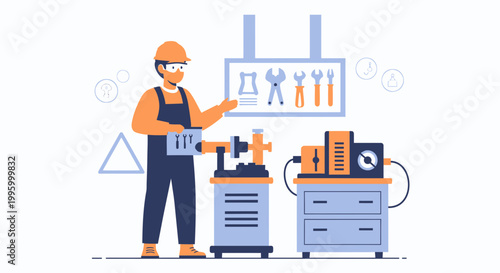 Skilled Mechanic Inspects Machinery in Workshop, Tools Displayed