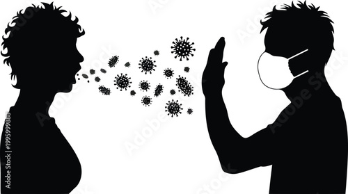 Person sneezing with viruses, protected by mask vector illustration.