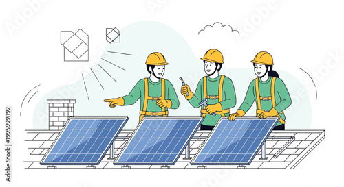Solar Panel Installation: Team of Workers on Rooftop Installing Renewable Energy System