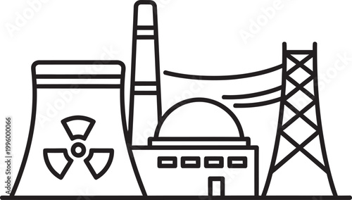 Nuclear power plant with cooling tower and transmission lines