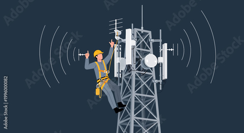 Technician climbing cell tower for maintenance, signal waves emanating