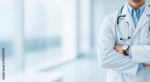 Doctor with Stethoscope and Arms Crossed in a Bright Hospital Setting.