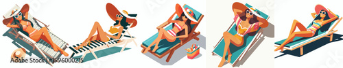 vector of a woman lying on her back relaxing on a beach chair during summer