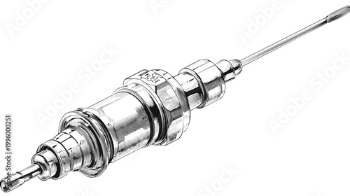 Detailed monochrome illustration of an elongated, cylindrical metal automotive spark plug