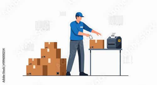 Warehouse worker scanning package with barcode scanner near boxes and printer