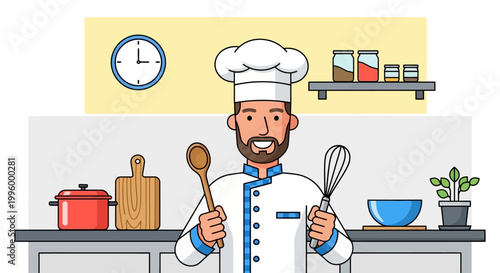 A smiling chef in uniform holding a wooden spoon and a whisk, ready to prepare a delicious meal in a well-equipped kitchen environment