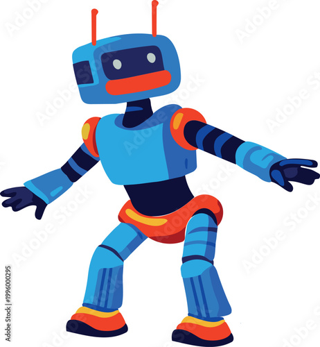 A colorful cartoon robot in a dynamic balancing pose with outstretched arms