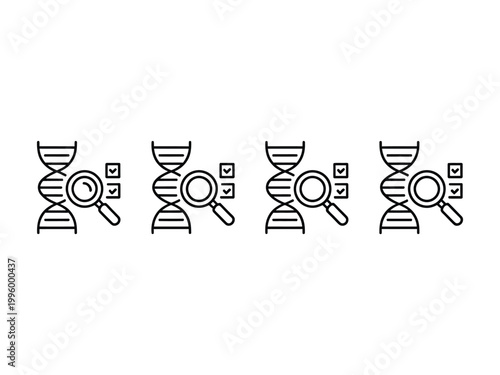 Genetic testing icons featuring dna helix combined with magnifying glass and checklist symbols for medical diagnostics research.