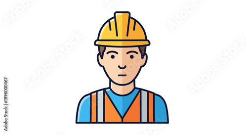 Illustration of a construction worker wearing a yellow hard hat and orange safety vest, representing industry and manual labor