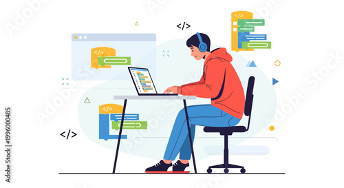 Young programmer coding on laptop, headphones on, focused on software development, modern workspace