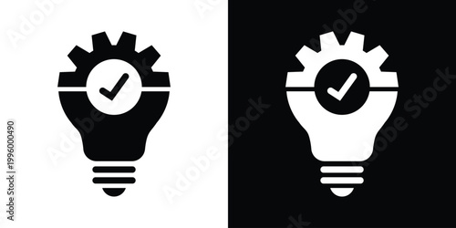 Icon featuring a light bulb, gear, and checkmark. Symbolizes tested innovation, successful technical solutions, verified development, and optimized creative processes. Vector graphic.