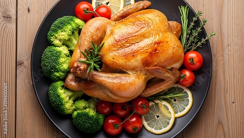 Roasted chicken with vegetables on a black plate