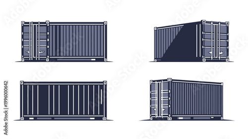 Four stylized illustrations of cargo containers in various perspectives, showing details and shadows