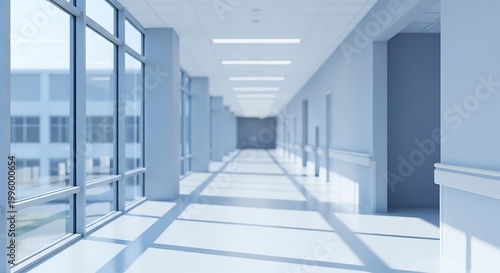 Modern empty hallway with large windows and bright sunlight creating strong shadows.